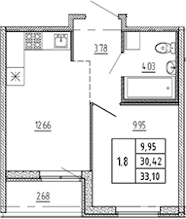 1-комнатная квартира 30.42 м², 4/22 эт., ЖК «Новые горизонты 2»